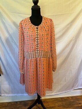 LOFT Coral Printed Long-Sleeve Boho Dress